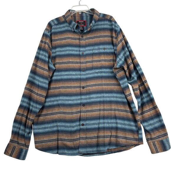 Woolly Flannel Shirt Mens 2XL Blue Orange Stripe Button Down Washable Wool Blend - Picture 1 of 12